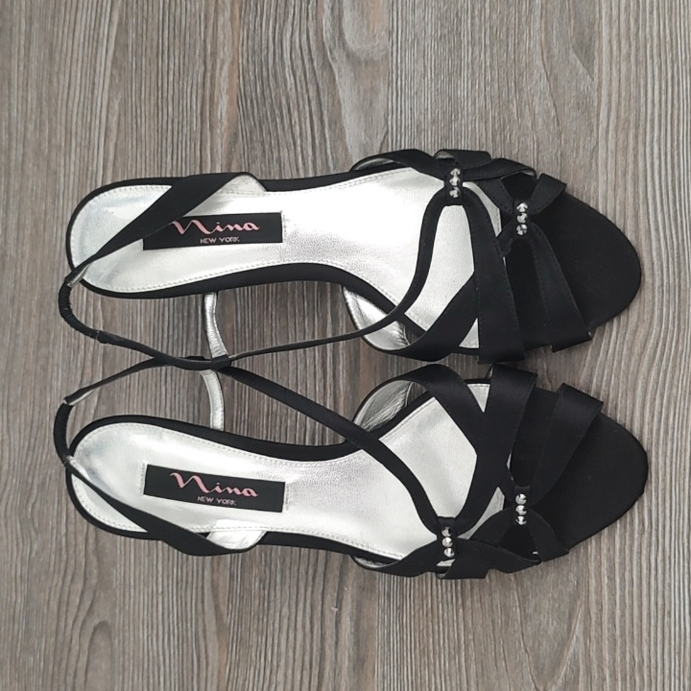 NINA Leather Soles Black Satin Strappy Heels Sandals Shiny Studs  7.5 Heel 2.5" - Picture 2 of 14